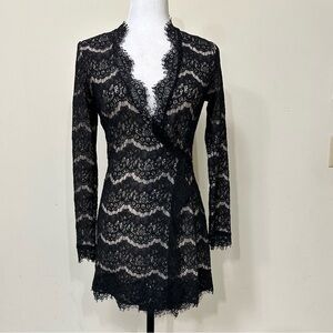 NEW vestique Beige w Black Lace Semi-Fit Long Sleeve Lined Open Wrap Cardigan S